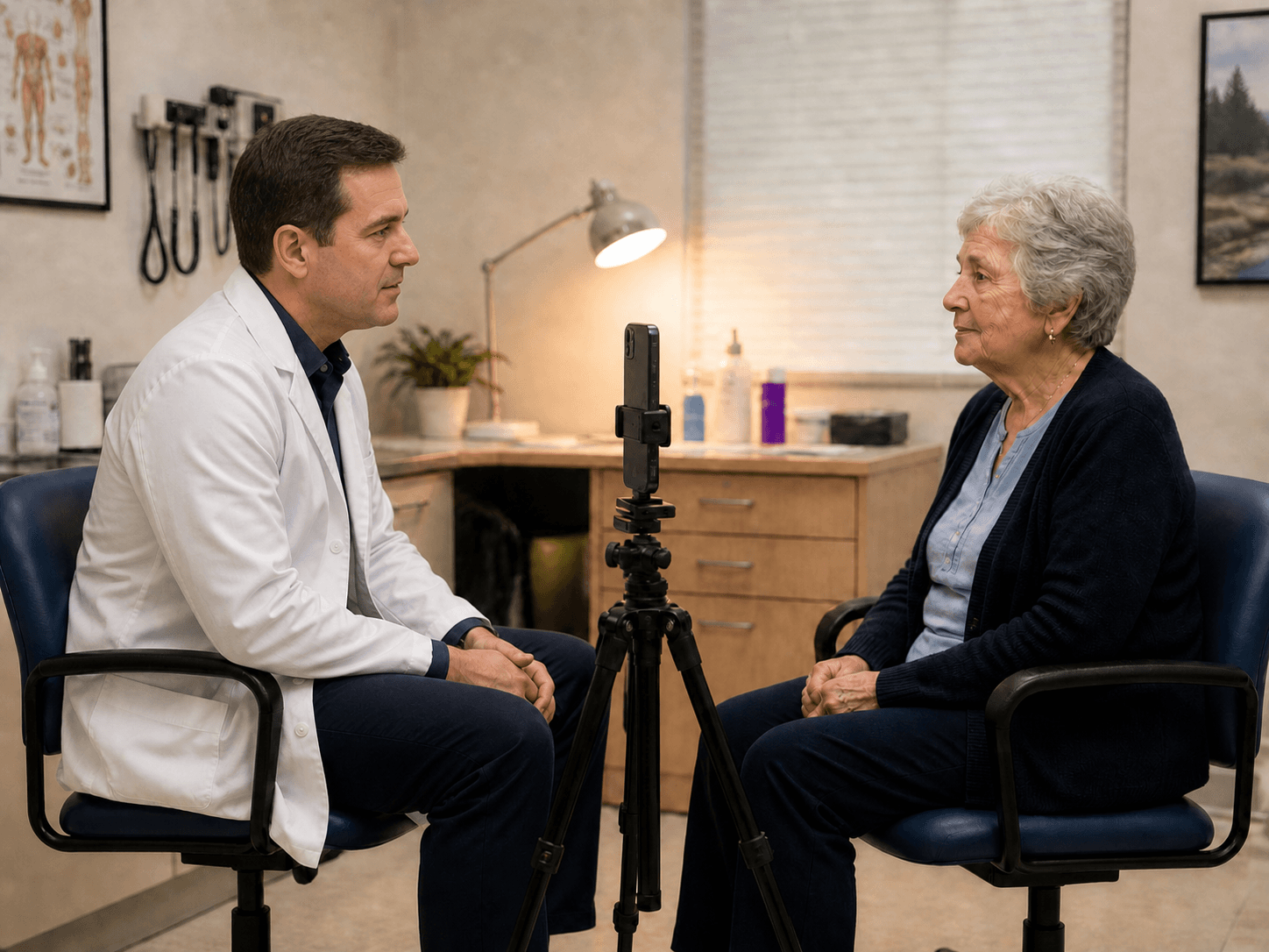 A clinical interview session: clinician and patient seated face-to-face with a multimodal capture device on a tripod between them.